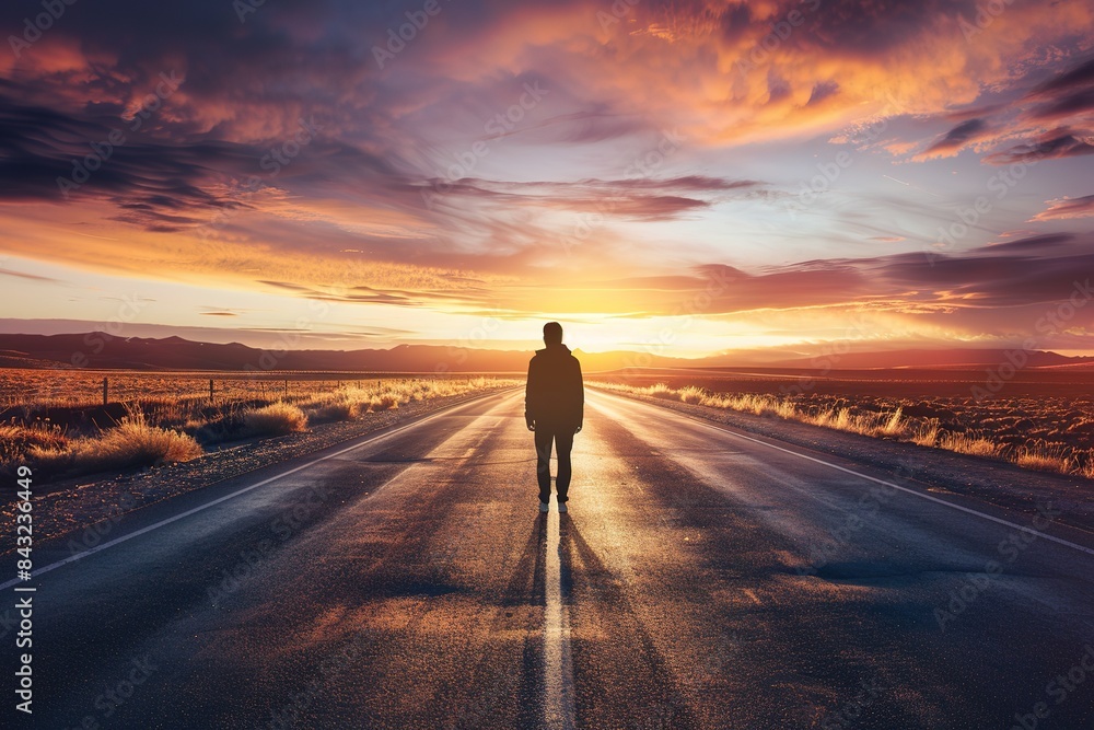 a person standing in the middle of desert highway a person standing in the middle of desert highway