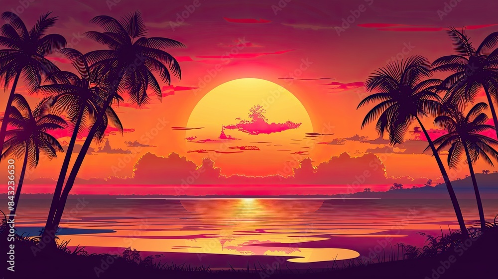Obraz premium Sunset background with palm trees.