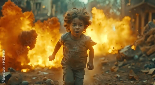 Child running away from war explosion (mov) made with Ai generate technology, person is fictional