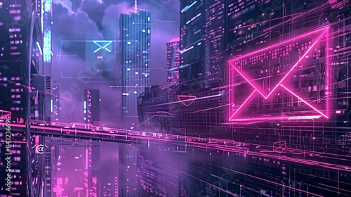 Futuristic neon city with glowing email symbol