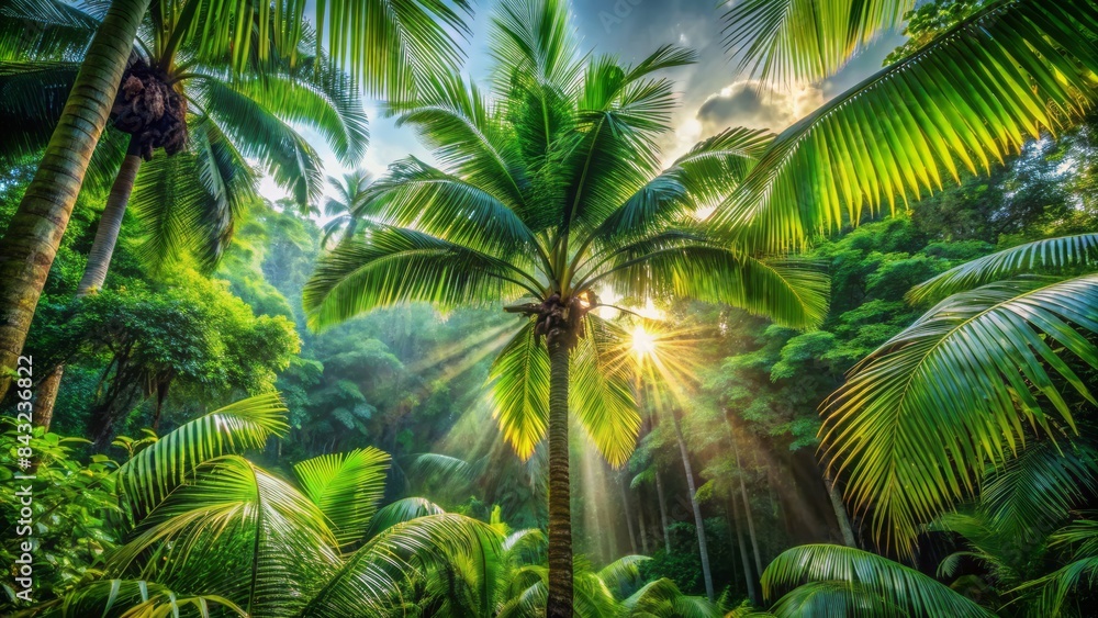 Majestic palm tree stands tall amidst lush green jungle foliage, sunlight filtering through dense leaves, exotic tropical paradise atmosphere prevails. Majestic palm tree stands tall amidst lush green jungle foliage, sunlight filtering through dense leaves, exotic tropical paradise atmosphere prevails.