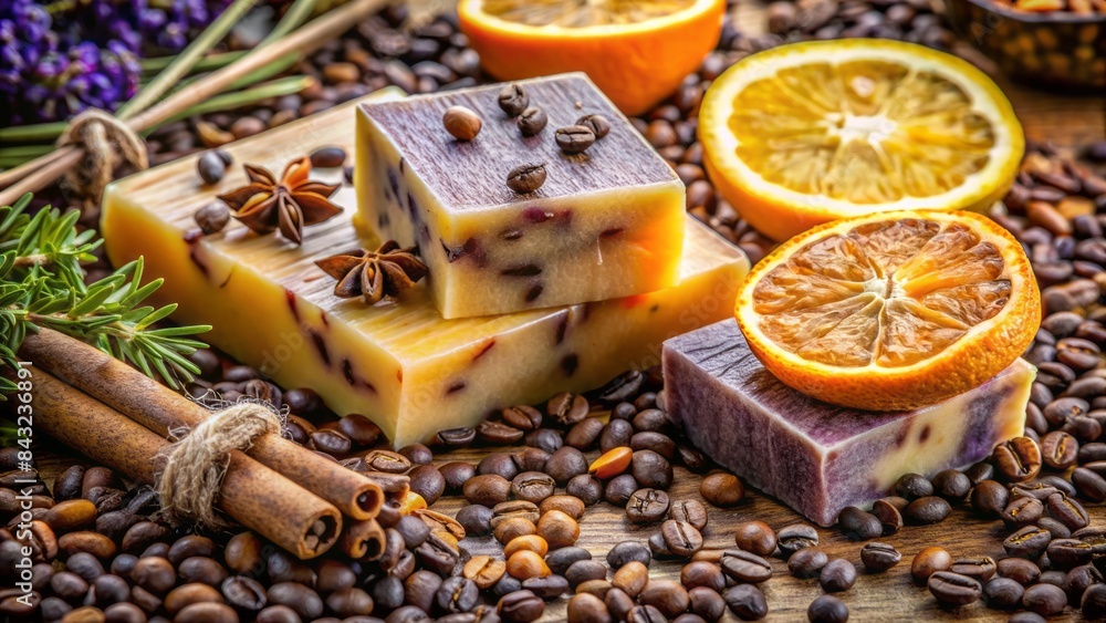 Vibrant still life of artisanal soap bars featuring coffee beans, lavender, and dried orange slices, adding tactile appeal and visual charm to the composition. Vibrant still life of artisanal soap bars featuring coffee beans, lavender, and dried orange slices, adding tactile appeal and visual charm to the composition.