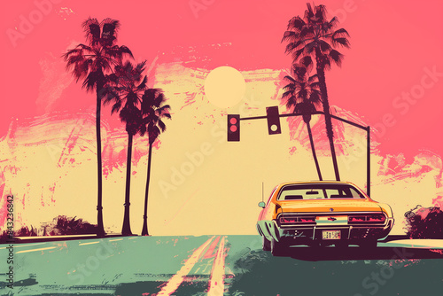 A classic car driving on the road in the 1970s, palm trees and a traffic light on the road