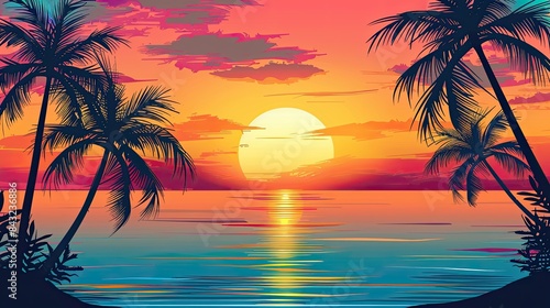 Sunset background with palm trees.