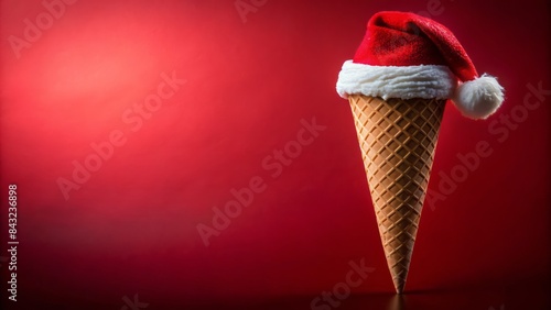 Festive ice cream cone wearing santa's hat, set against bold red background, offers ample copy space for your holiday message or promotional text. photo