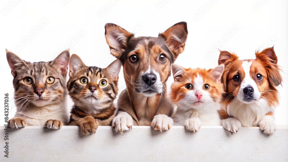 Adorable dogs and cats of different breeds peek out from behind a pristine white banner, showcasing playfulness and curiosity, perfect for pet-related advertising. Adorable dogs and cats of different breeds peek out from behind a pristine white banner, showcasing playfulness and curiosity, perfect for pet-related advertising.