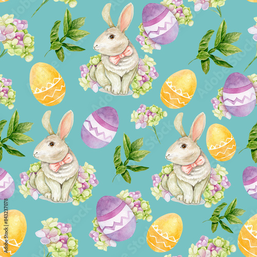 Easter elements on a blue background. Pattern with Bunnies, Flowers, leaves and Easter yellow and purple eggs. Watercolor illustration