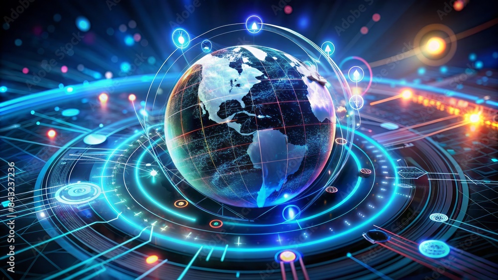 Fototapeta premium Futuristic holographic projection of a rotating globe surrounded by orbiting technology icons, cables, and circuits, set against a dark gradient background with neon accents.