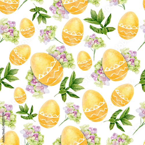 Easter elements on a white background. Pattern with flowers, leaves and Easter yellow eggs. Watercolor illustration.
