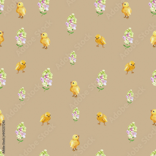 Easter elements on a beige background. Pattern with flowers, Easter yellow chickens. Watercolor illustration.