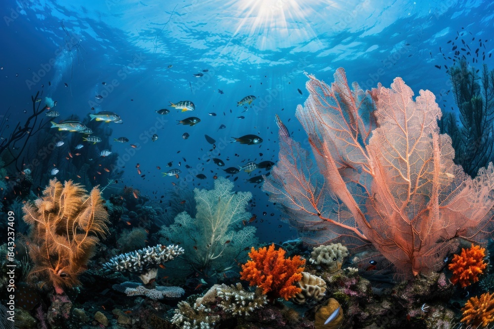 Obraz premium Tropical underwater paradise colorful coral reefs, fish, sunbeams, ocean life and beauty in nature