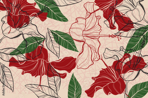 Tropical abctract flower wallpaper design with hibiscus flowers, line art, golden texture. Elegant botanical illustration suitable for fabric, prints, cover.