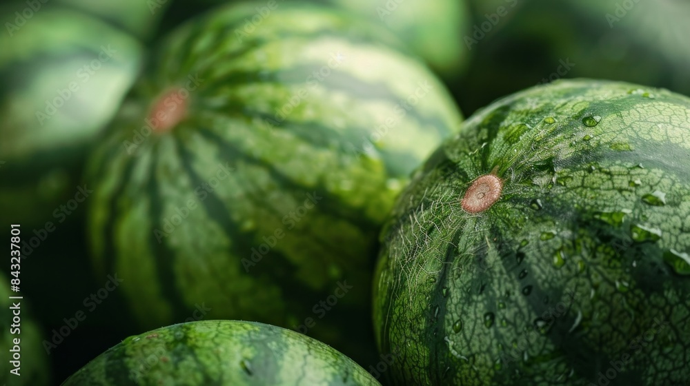 Watermelon on the green watermelon plantation in summer. Agricultural watermelon field. Watermelon on the green watermelon plantation in summer. Agricultural watermelon field.
