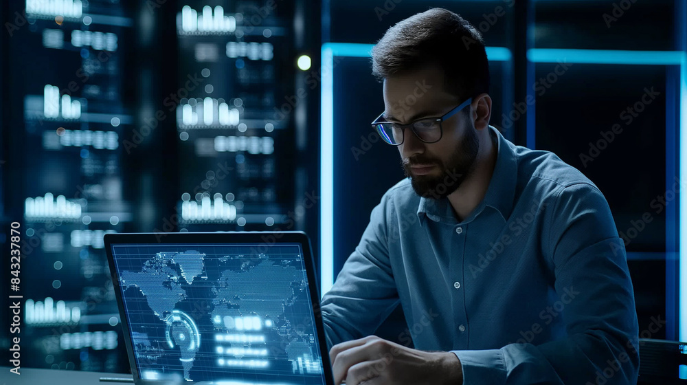 a male data scientist working on laptop in modern office a male data scientist working on laptop in modern office