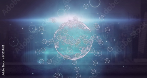 Wallpaper Mural Image of digital icons over spinning globe and light spot against blue background Torontodigital.ca