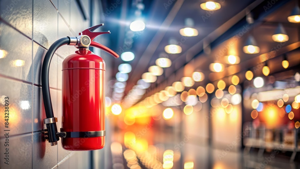 Red fire extinguisher on wall in modern fire department with sleek metal surface amidst blurred background and bokeh lights, conveying emergency preparedness and safety. Red fire extinguisher on wall in modern fire department with sleek metal surface amidst blurred background and bokeh lights, conveying emergency preparedness and safety.