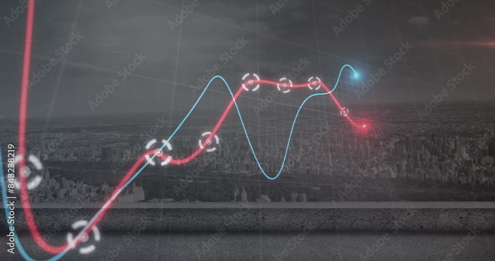 Image of financial data processing over cityscape Image of financial data processing over cityscape