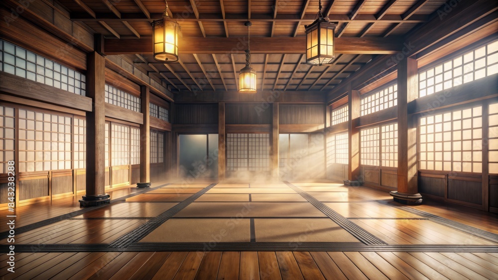 Serenene traditional japanese style dojo or karate school surrounded by misty haze evoking sense of mystique and tranquility with rustic wooden accents and subtle lighting. Serenene traditional japanese style dojo or karate school surrounded by misty haze evoking sense of mystique and tranquility with rustic wooden accents and subtle lighting.