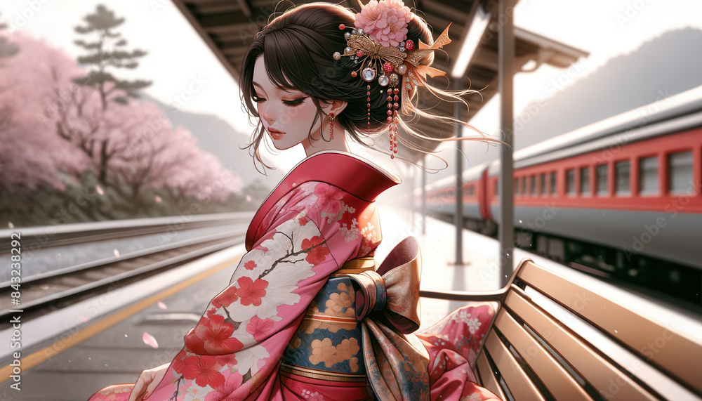 Fototapeta premium 日本画(Japanese painting)/美人画 美女 着物 anime イラスト 桜