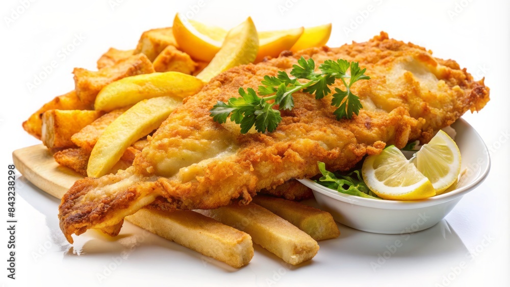 Crunchy golden battered fish and crispy chips, freshly cooked to perfection, elegantly arranged on a pristine white background, evoking nostalgic british comfort food charm. Crunchy golden battered fish and crispy chips, freshly cooked to perfection, elegantly arranged on a pristine white background, evoking nostalgic british comfort food charm.