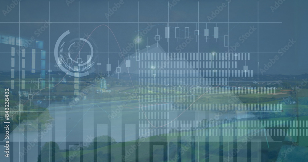 Fototapeta premium Image of financial data and graphs over road traffic, copy space