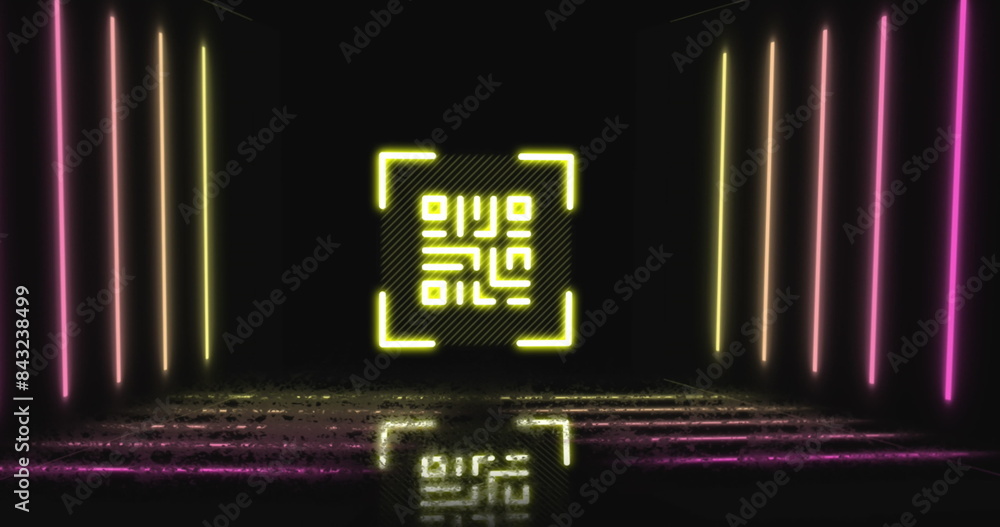 Image of qr code over neon geometrical shapes, copy space