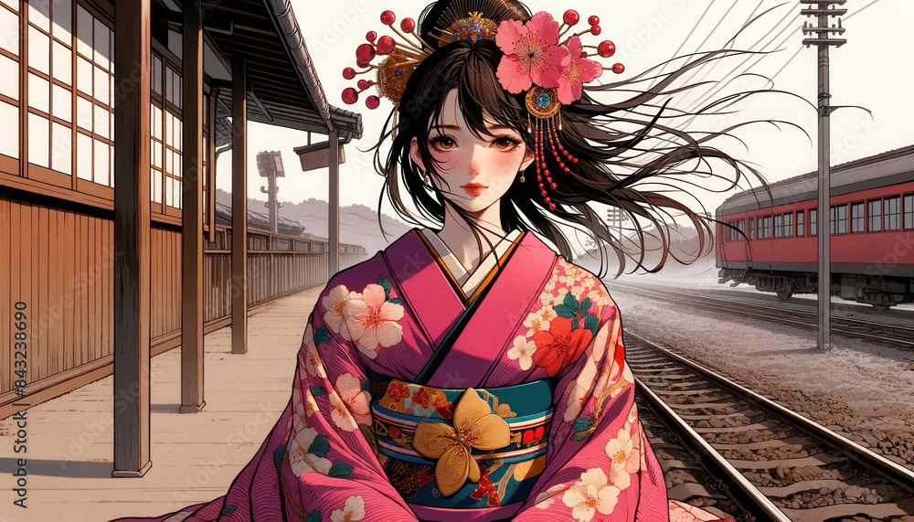 Fototapeta premium 日本画（Japanese painting）／美人画 美女 着物 anime イラスト 桜