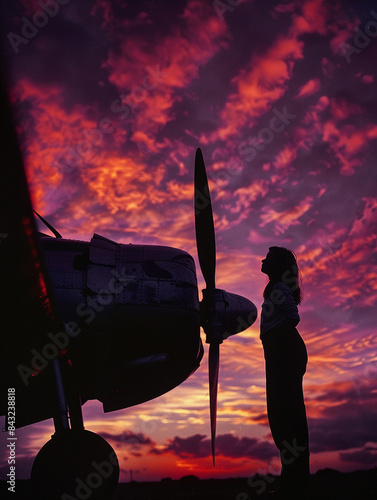 the pioneering aviatrix, standing proudly next to her plane, the Lockheed Vega 5B, on an airfield at dusk The sky is painted in hues of red and purple, creating a striking silhouette photo