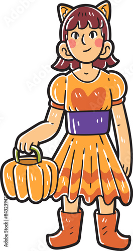 Hand-drawn cat girl halloween character