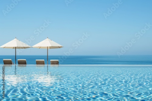 A beautiful swimming pool with umbrellas and chairs  facing the ocean