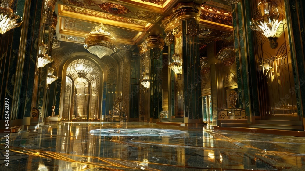 Fototapeta premium Grand and luxurious hallway with golden and green marble for an elegant event