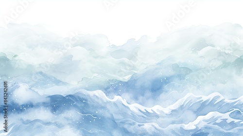 Winter ocean waves watercolor navy blue sky, white snow abstract background