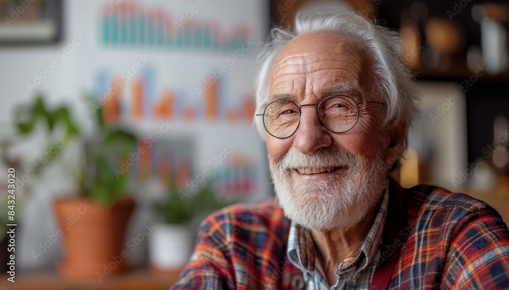 Senior man smiling with stock analysis charts Senior man smiling with stock analysis charts