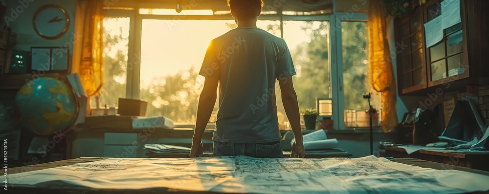 Man looking out window in white t-shirt at sunset Man looking out window in white t-shirt at sunset