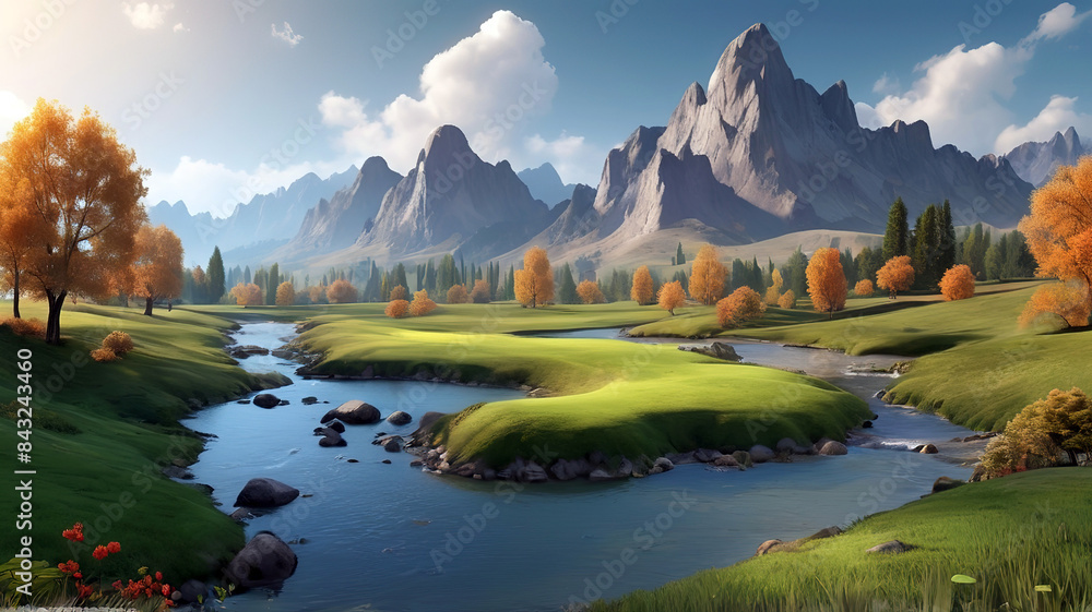 beautiful nature landscape of green grass field with mountain behind, Generative Ai