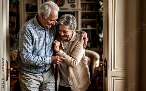 A tender moment of an elderly couple helping each other. 