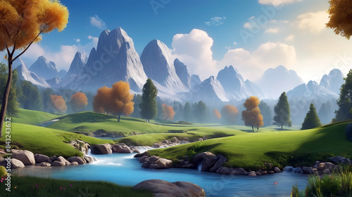 Obraz na płótnie beautiful nature landscape of green grass field with mountain behind, Generative Ai w salonie