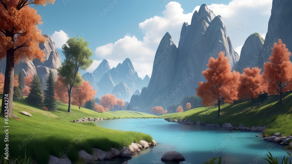 beautiful nature landscape of green grass field with mountain behind, Generative Ai