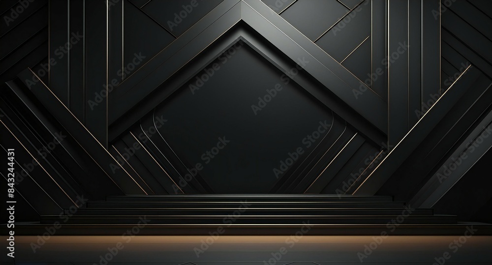 Sleek black backdrop adorned with shapes. Abstract background. High Resolution.