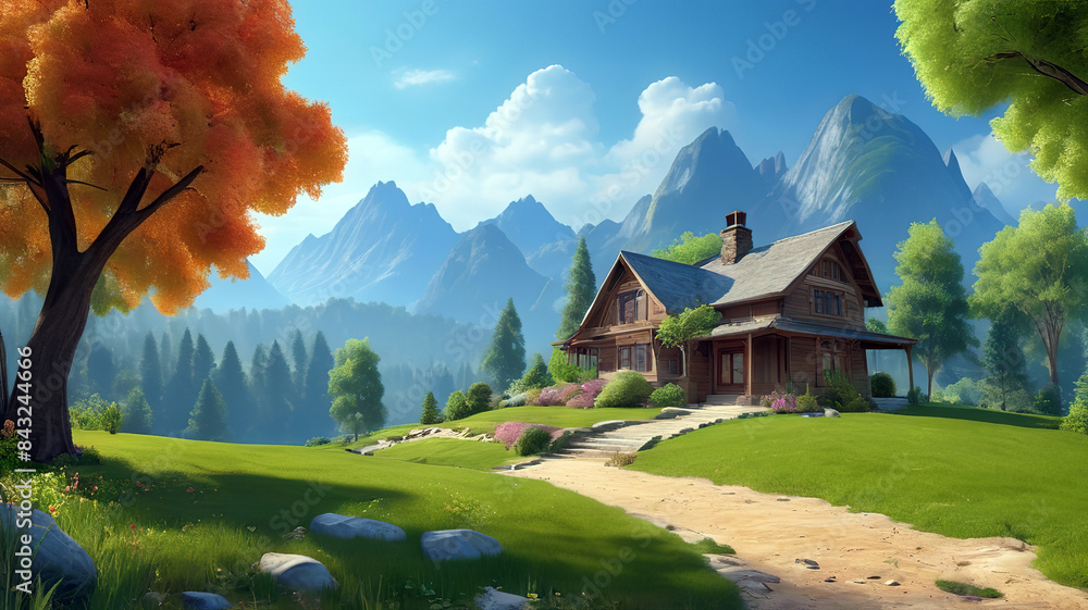beautiful nature landscape of green grass field with mountain behind, Generative Ai