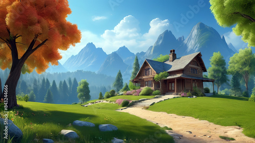 Obraz na płótnie beautiful nature landscape of green grass field with mountain behind, Generative Ai w salonie