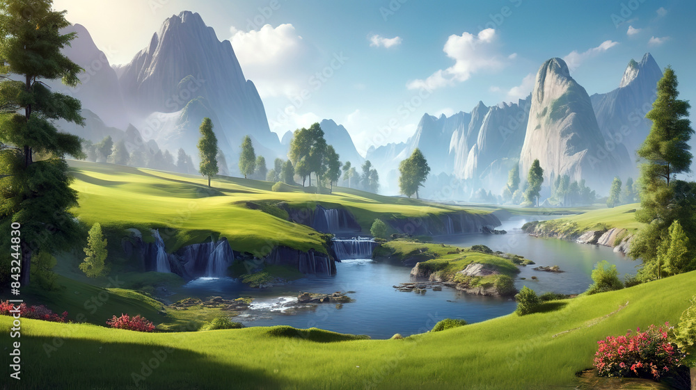 beautiful nature landscape of green grass field with mountain behind, Generative Ai