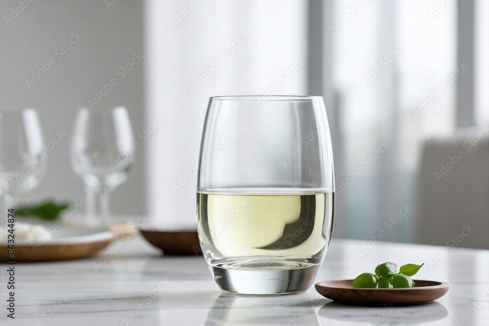 Modern Minimalist Setting: a sleek, modern sake glass on a white marble countertop. Modern Minimalist Setting: a sleek, modern sake glass on a white marble countertop.