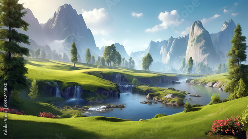 Obraz na płótnie beautiful nature landscape of green grass field with mountain behind, Generative Ai w salonie