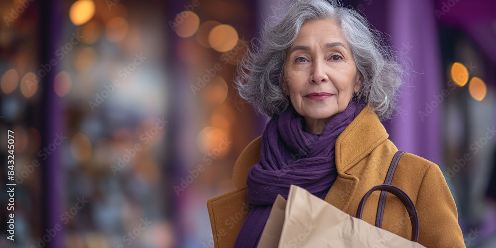 Elegant elderly woman with gray hair and a purple scarf, wearing a mustard coat, holding a shopping bag, standing outdoors with blurred lights in the background. Elegant elderly woman with gray hair and a purple scarf, wearing a mustard coat, holding a shopping bag, standing outdoors with blurred lights in the background.