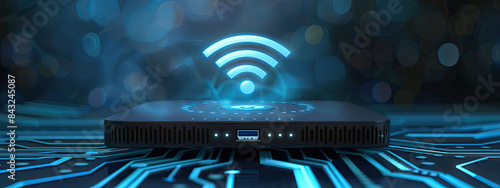 Black wifi router providing wireless signal over motherboard