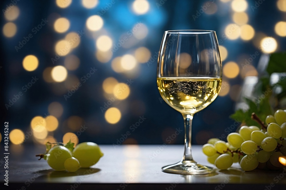 Elegant Glassware and Bokeh Light: a glass of white wine placed on a sleek, reflective surface. Elegant Glassware and Bokeh Light: a glass of white wine placed on a sleek, reflective surface.
