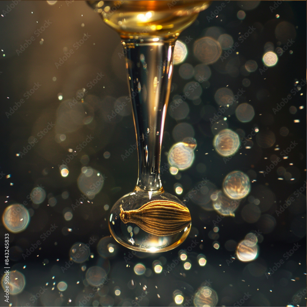last drop of water falling from a bottle, upside down, the drop is enclosed with a cumin seed inside, close up view last drop of water falling from a bottle, upside down, the drop is enclosed with a cumin seed inside, close up view