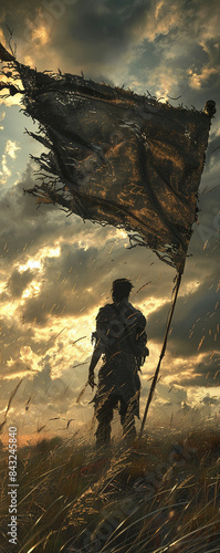 Rebel Leader, Tattered Banner, Fighting Against Greed, Rallying the Oppressed, Stormy Skies, 3D Render, Backlights