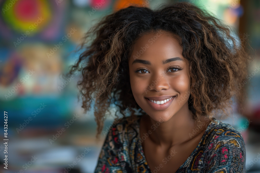 Smiling young girl with curly hair in a colorful classroom, exuding warmth and positivity, surrounded by vibrant decorations. Smiling young girl with curly hair in a colorful classroom, exuding warmth and positivity, surrounded by vibrant decorations.